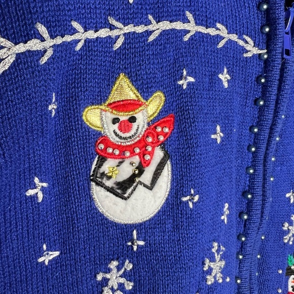 Vintage Ugly Christmas Sweater Full Zip Snowmen Feathers Cowboy Beaded Snow XXL - Picture 4 of 14